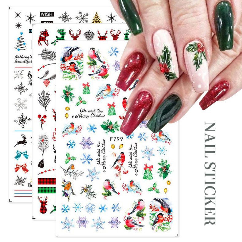 3D Nail Art Stickers Decals Christmas Snowflake Gingerbread Man Robin Holly Fern