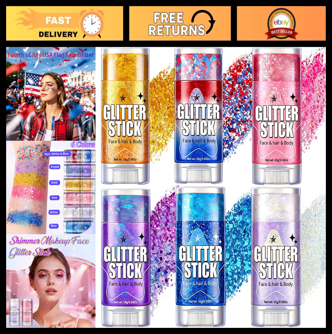 Patriotic Body Glitter Stick Set – 6 Pack Red White Blue Face & Hair Makeup for