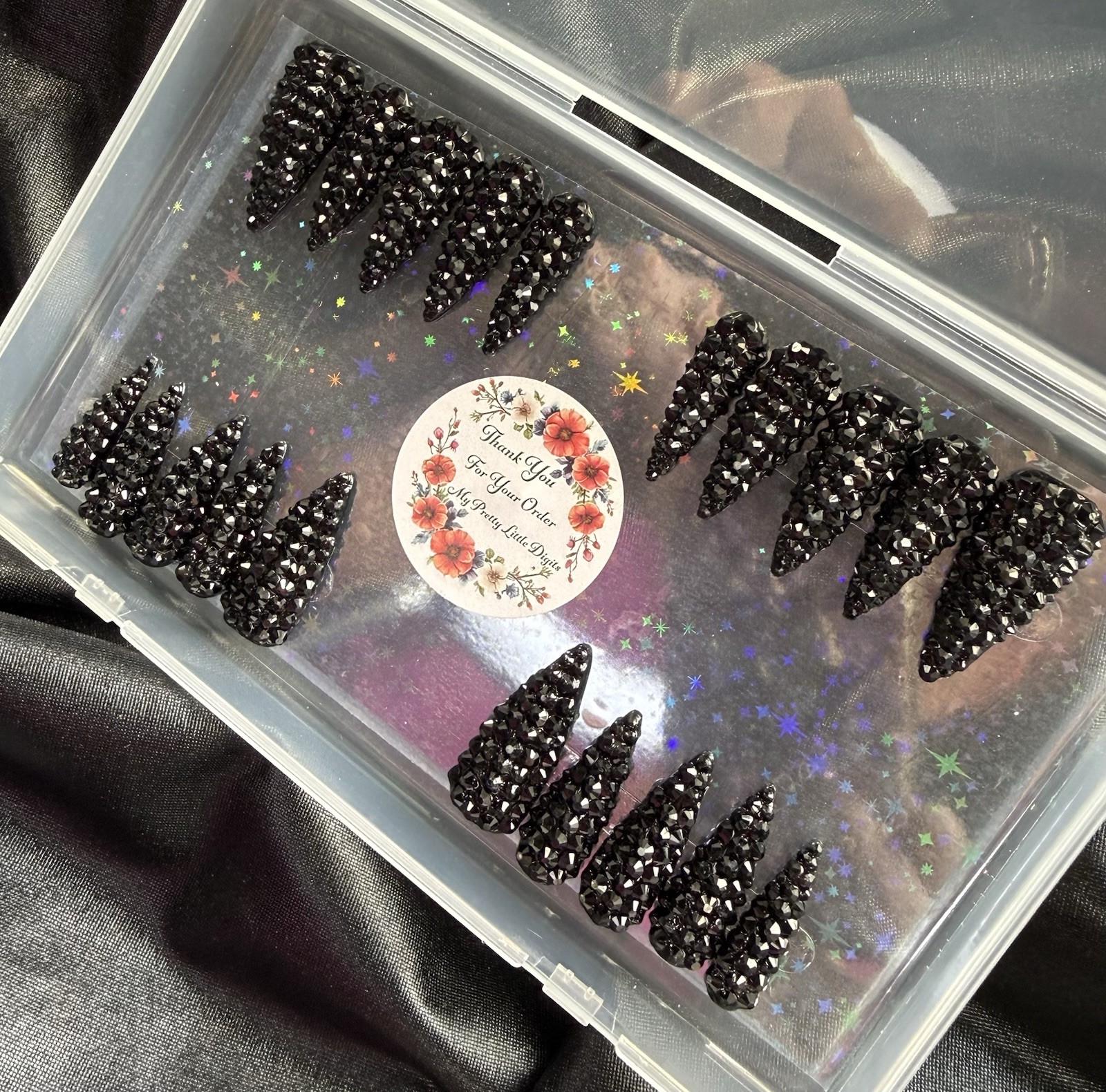 Handmade Press On Nails, XL Black Diamond Stilettos~Includes Free Gifts💝