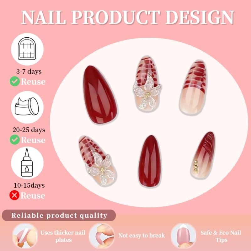 24Pcs Flower Press on Nails Medium Almond Fake Nails with Burgundy French Style