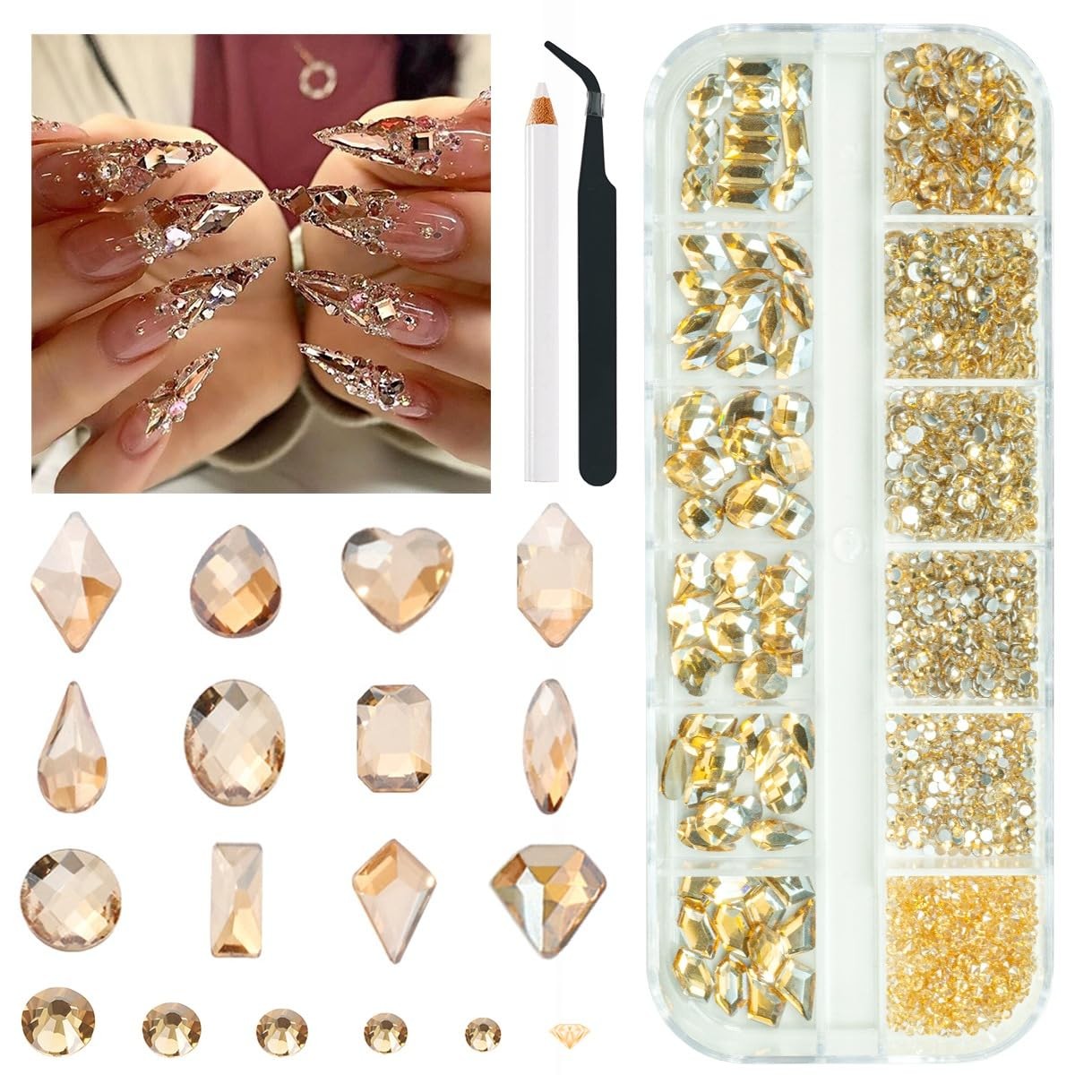2052Pcs Golden Rhinestones for Nails 72pcs Multi Shapes Crystals