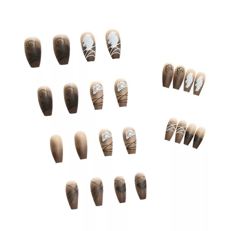 24 frosted Clear Brown black Press on nails kit glue on drawing edgy goth coffin