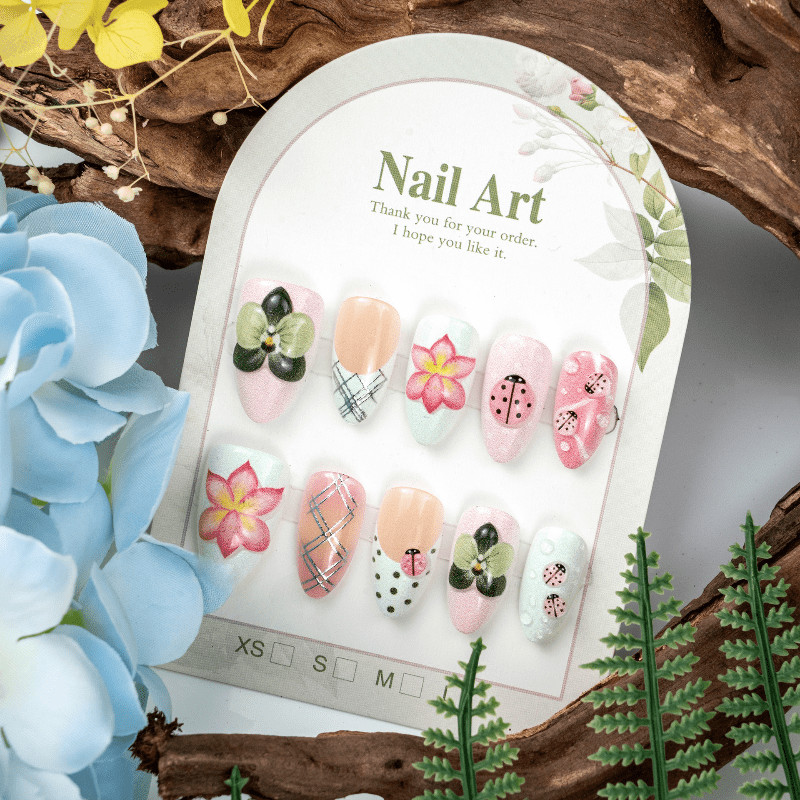 60Pcs Flower Ladybug Pastel Oval Press on Nails, Cute Fresh Nude Fake Nails