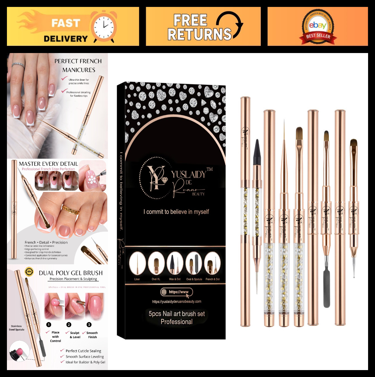 Double Ended Nail Builder Gel Brush Set, French Tip & Cleaning Brushes for Nails