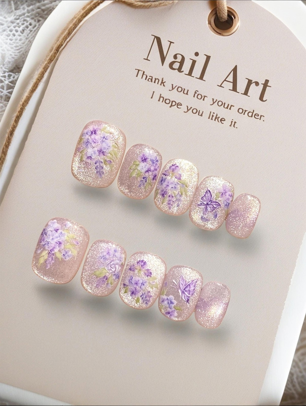 Custom Pure Handmade Nails Nude Shimmer Lilac Butterfly Gentle Girls Manicure