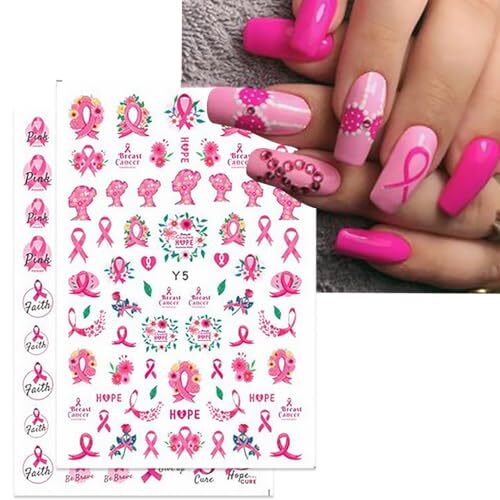 6 Sheets Breast Cancer Nail Art Stickers 3D Self-Adhesive Heart Letter Nail