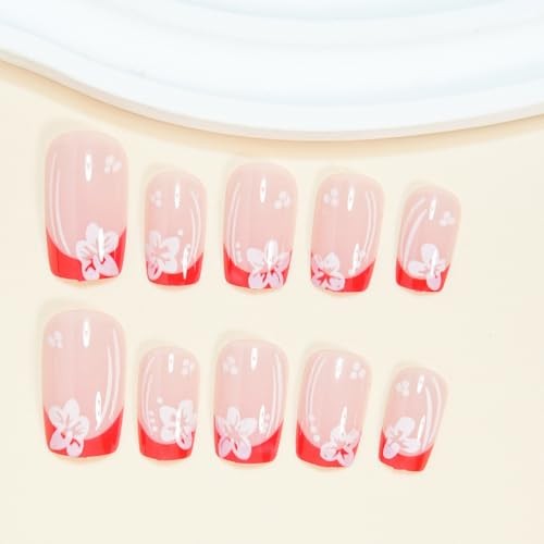 Short Square Red French Tip Press on Nails – White Flower Design, Full Style-21
