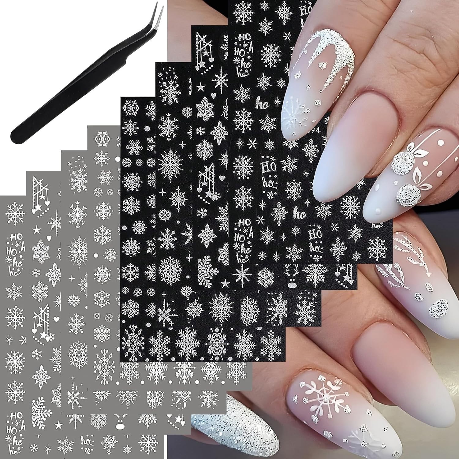 Nail Art Supplies: 8 Sheets of Winter Stickers with Snowflakes and Bells