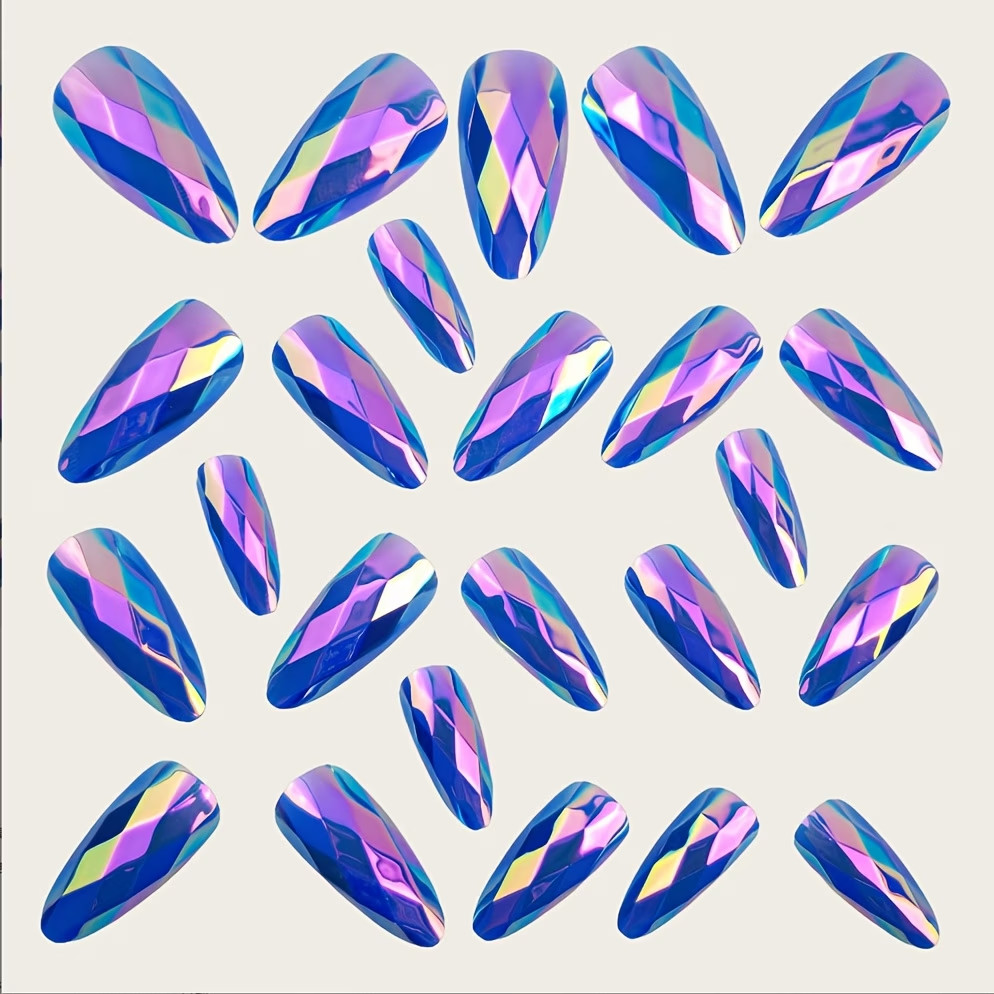 24 Bluish Medium Almond Press On Nails, 3D Diamond Shiny Holographic Design