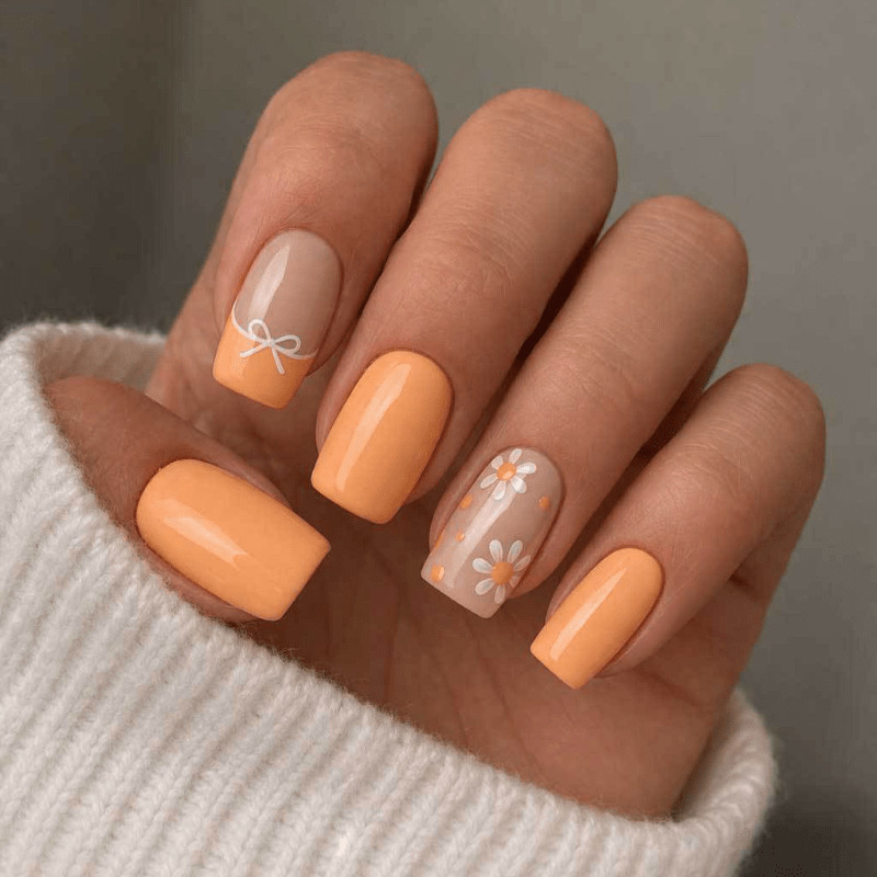 48Pcs-Medium Square Orange Nude White Bow Daisy Dot Press on Nails Set