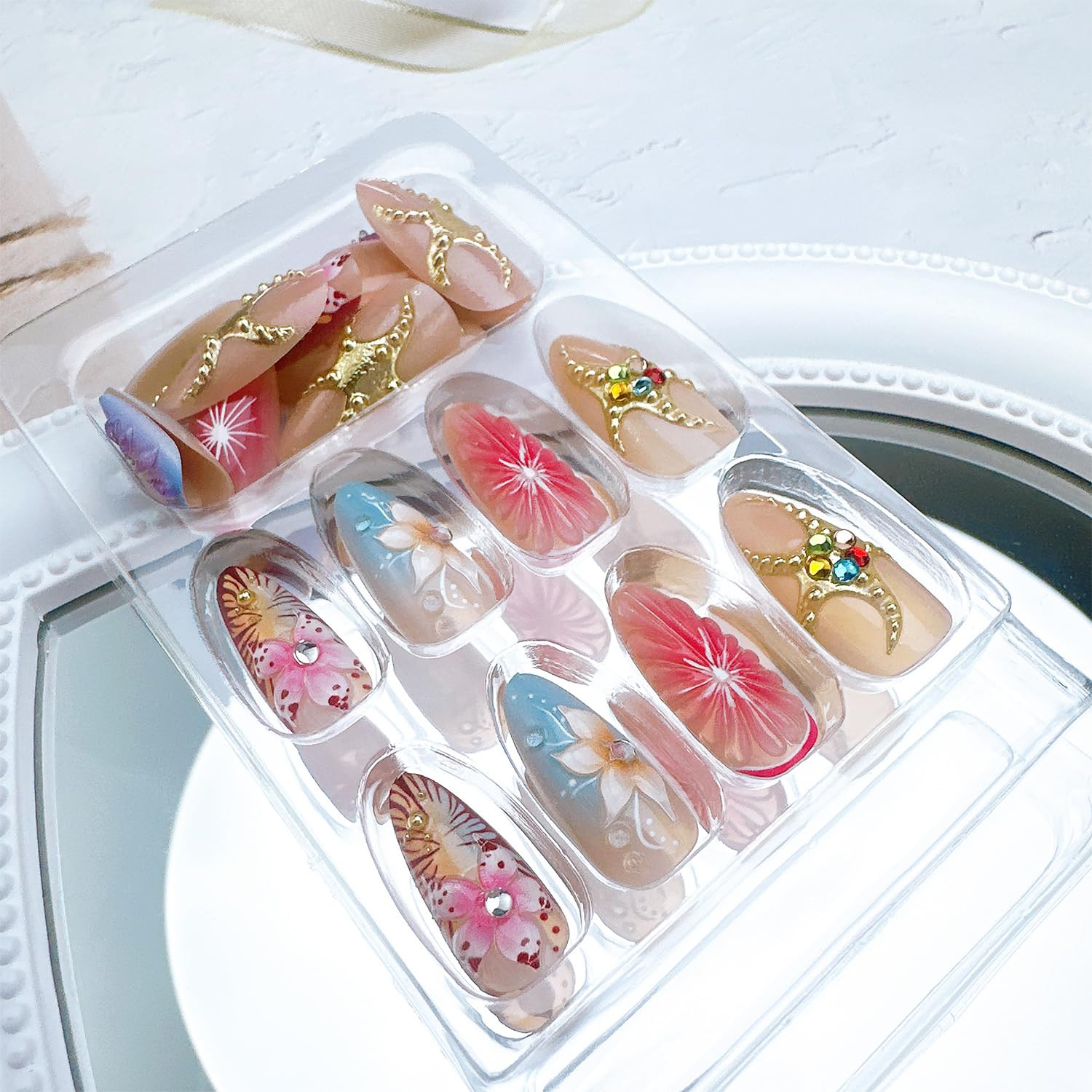 24Pcs Flower Press on Nails Medium Almond Fake Nails with 3D Floral Gold Beads C