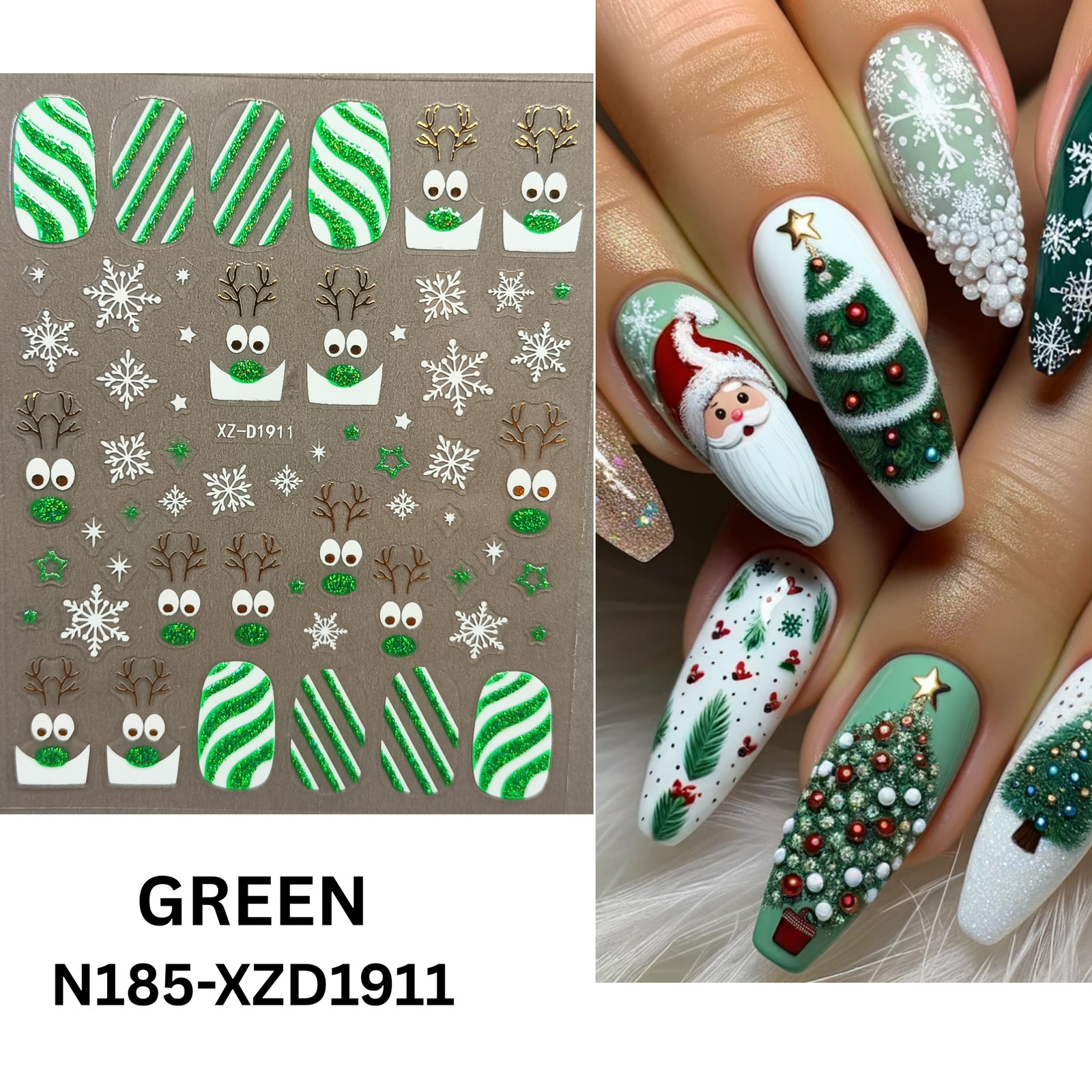 12pcs 3D Christmas Nail Decals – Santa, Snowman & Holiday Candy Design