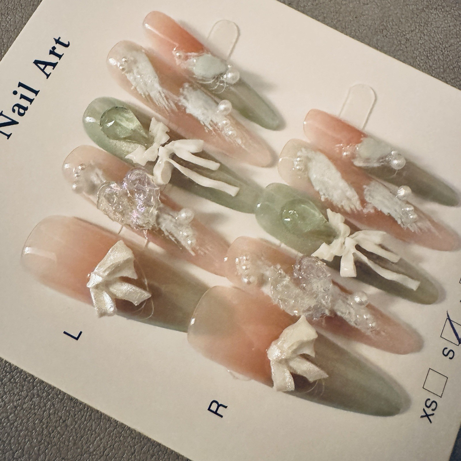 Press-On Nails Long Stiletto Green/Pink/White 3D Bow Theme Full Cover Set