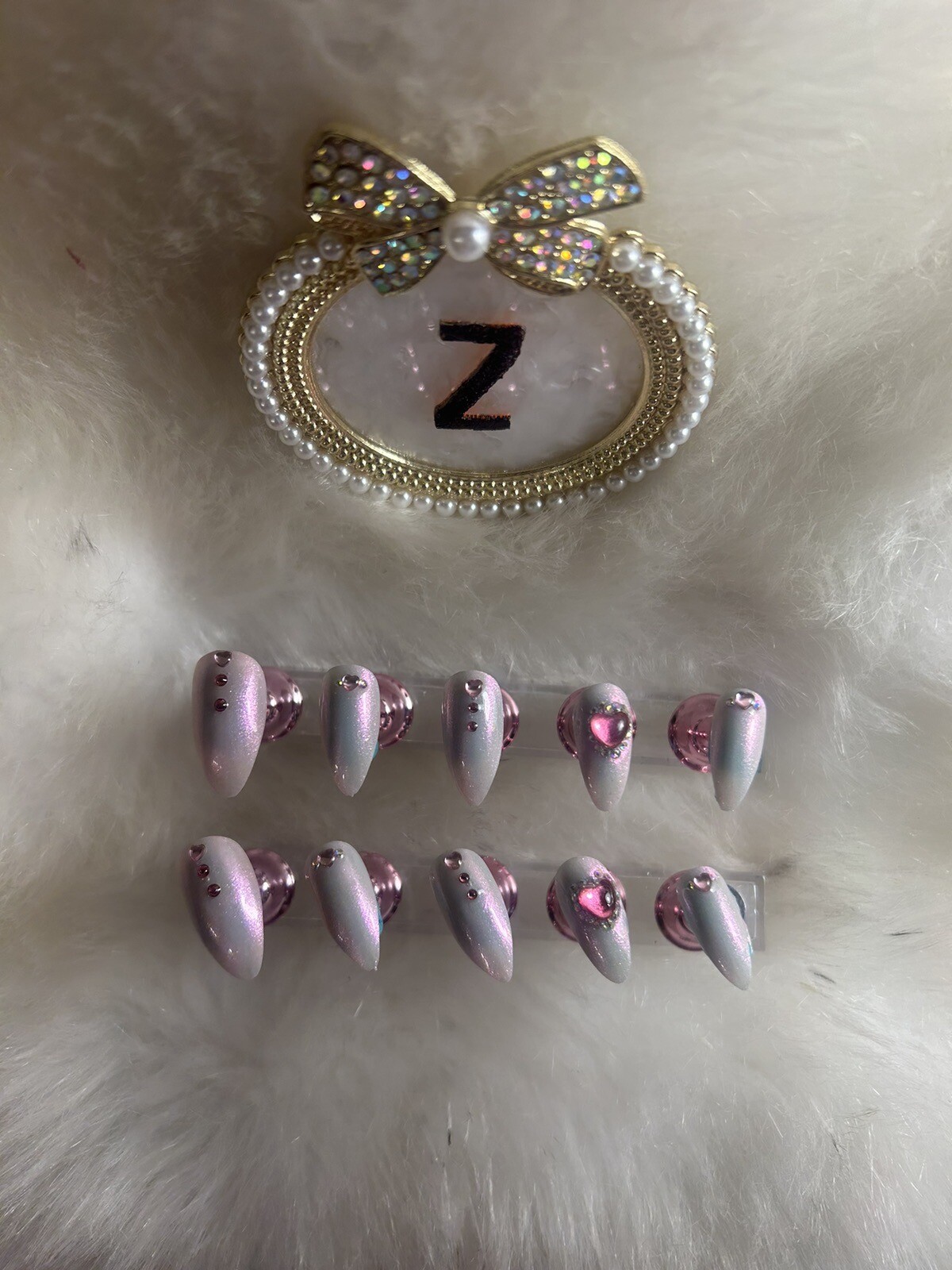 Z NAILZ! Handmade M Oval Pink Iridescent Press On Nails With Pink Stones
