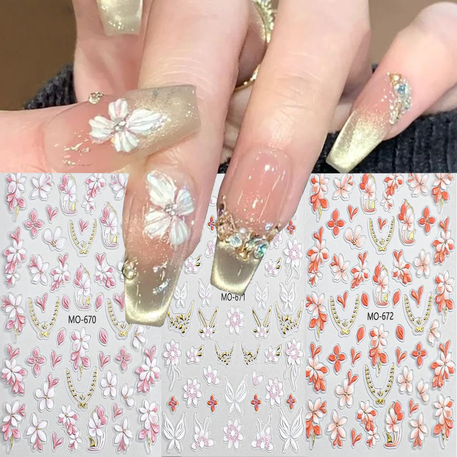 6 Sheets Stars Nail Art Stickers 3D Self -Adhesive Gold Silver White Black Laser