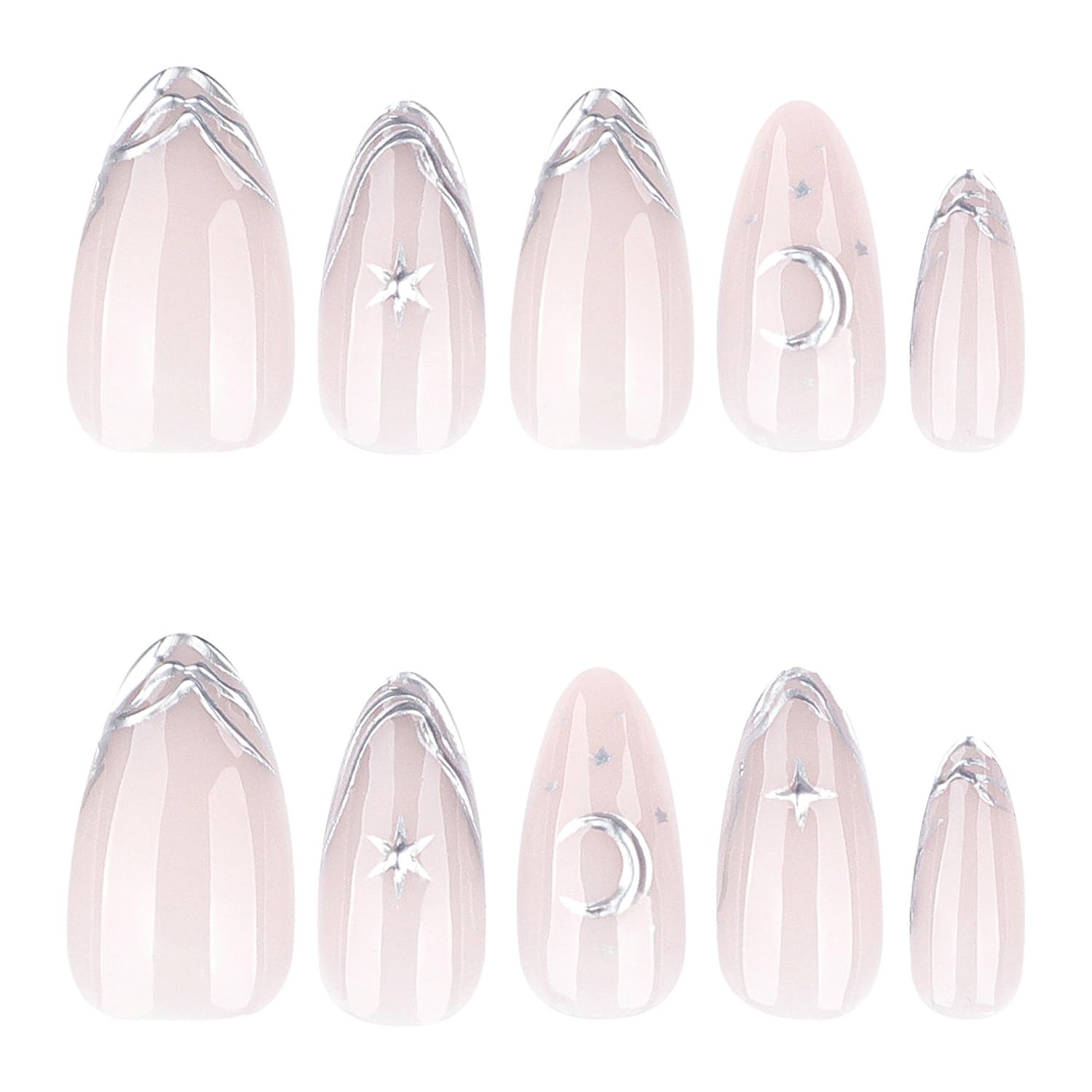 24pcs Almond Press On Nails Medium Almond Silver French Tip Fake Nails with 3…
