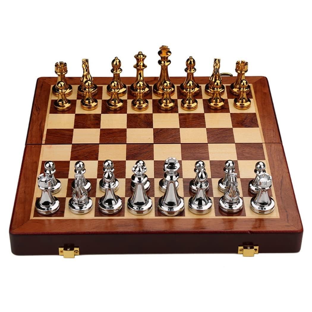 11Inch Large Deluxe Metal Chess Set – Portable Wooden 11 inches, Silver Gold