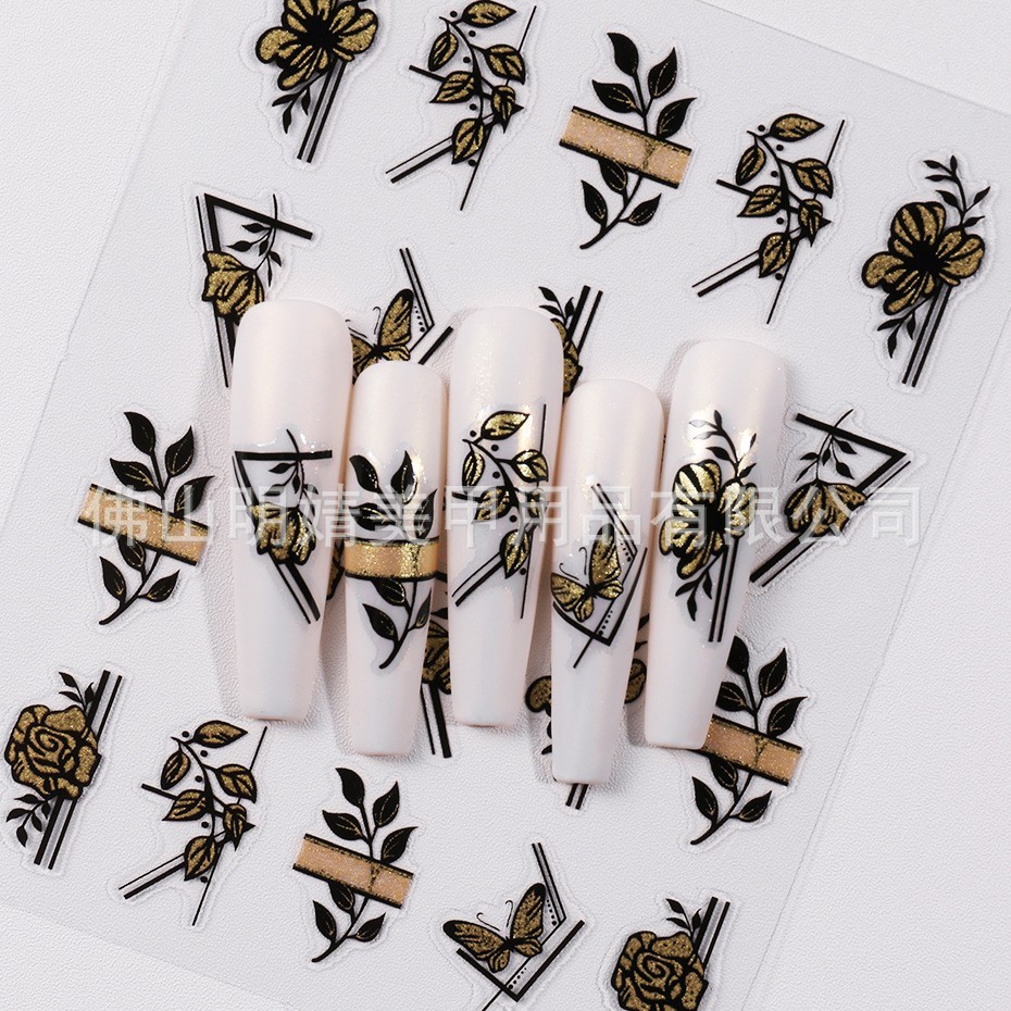 Gold Black Flower Leaf Geometric Nail Art Stickers Self Adhesive SWA33 NH30