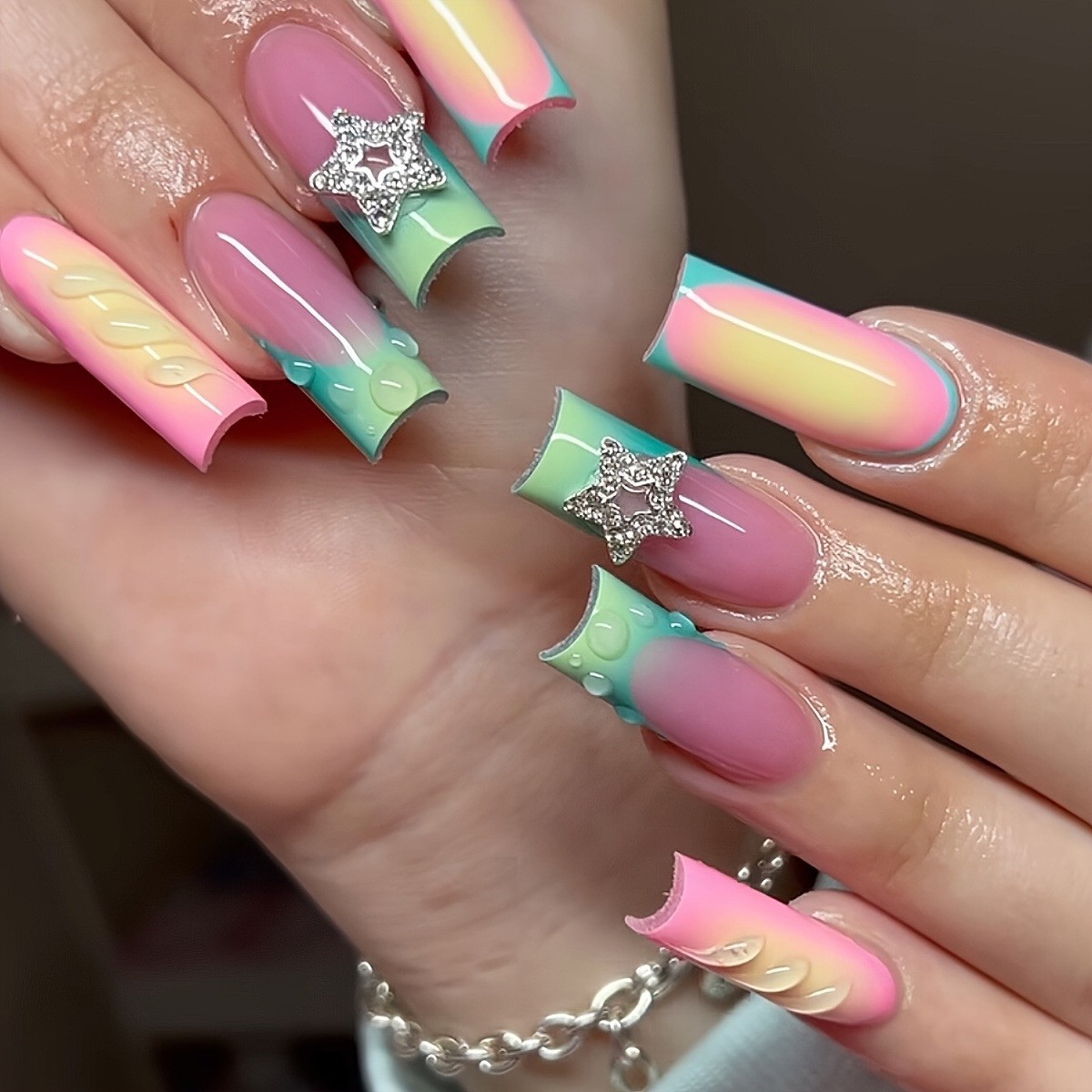 Colorful Gradient 3D Star Decor Press On Nails Fashion Nail Tips Wholesale