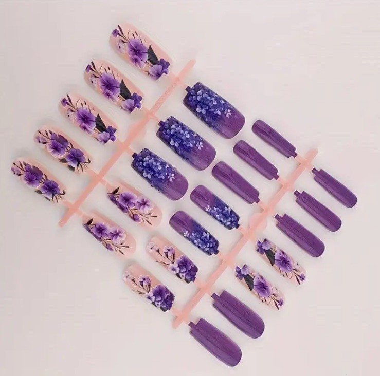 24 Pc Purple Pink Long Square Flower Press On Nails w/Glue & Nail