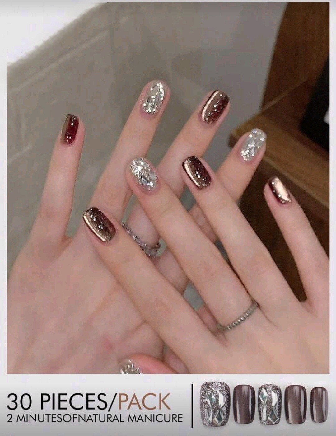 Press-On Nails Brown Bronze w/3D Silver Stone Accents on Glitter Nails *30 pcs*