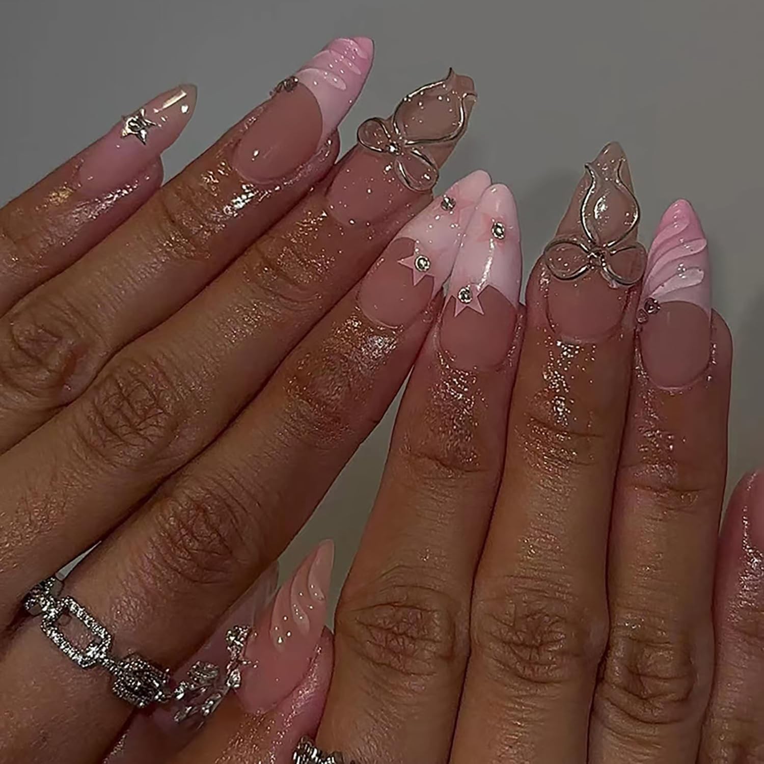 24Pcs Pink French Tip Press on Nails Medium Almond Fake Nails with Rhinestone…
