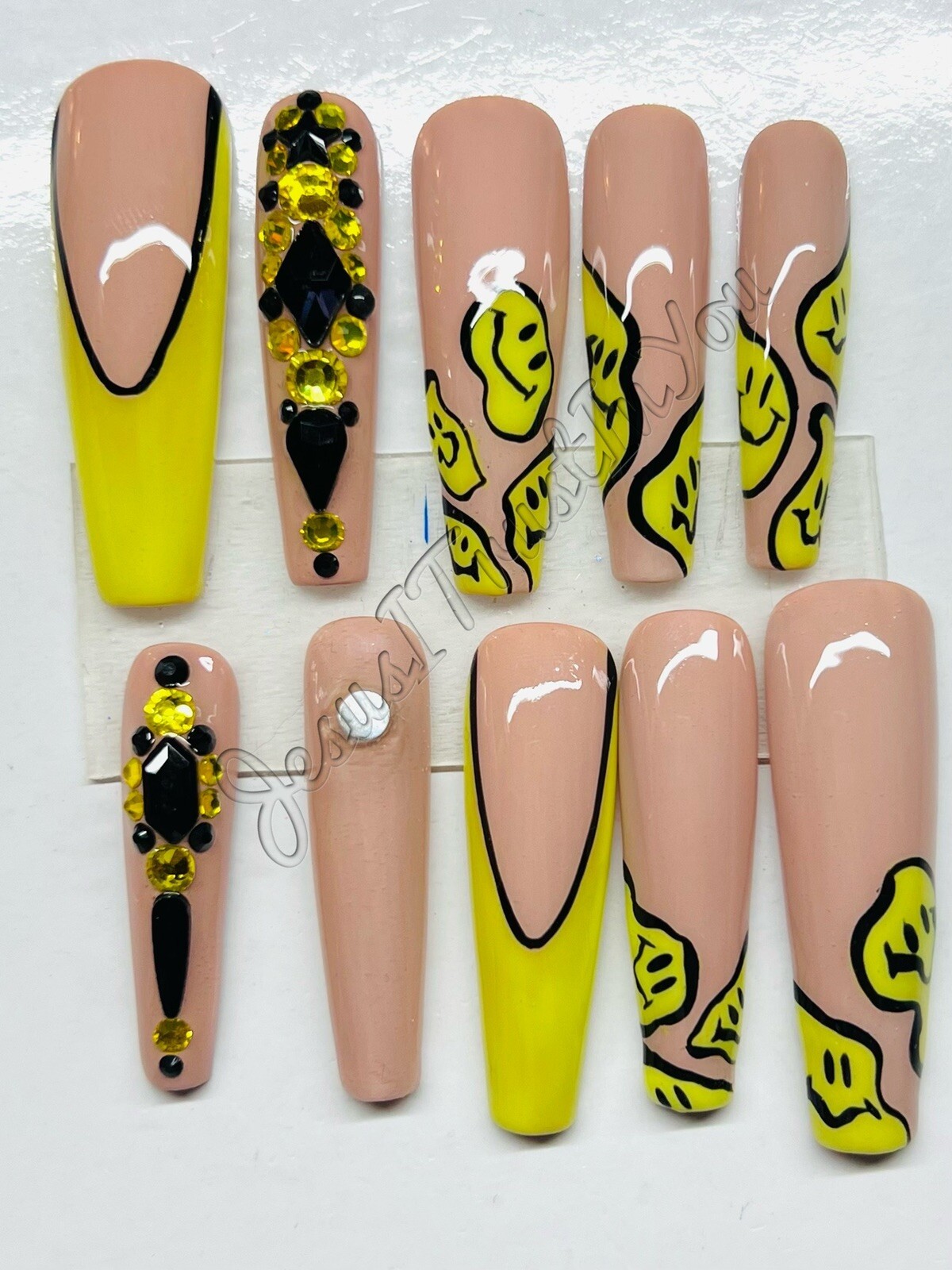 SMILEY 😃- CUSTOM XXL LONG BALLERINA GEL PRESS ON NAILS GLUE ON NAILS
