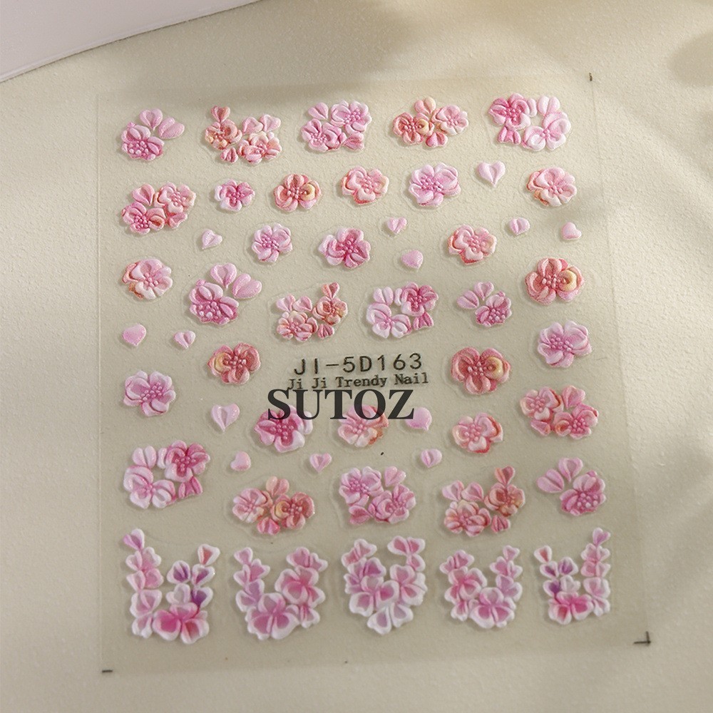 3D Gradient Flower Embossed Lily Hibiscus Floral Nail Art Stickers Decor NH29