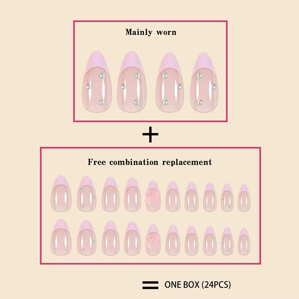 24PCS Short French Tip Press-On Nails – Pink Edges, Pearl Bows, Water Droplet