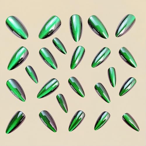 Green Glitter Press on Nails Medium Almond Fake Nails with Solid Color green
