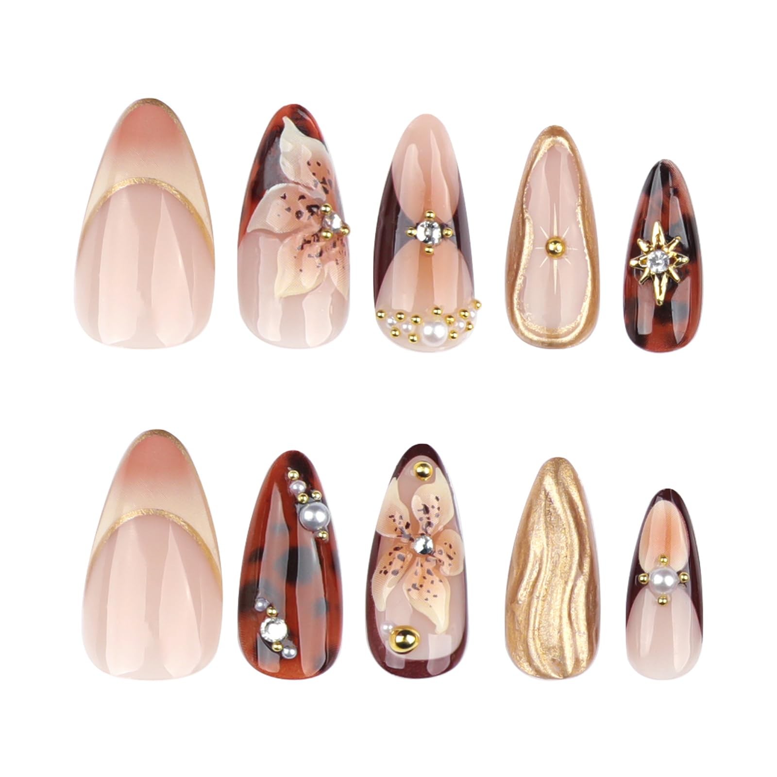 Almond Press on Nails Medium French Tip Fake Nails with Spring Flower Design …