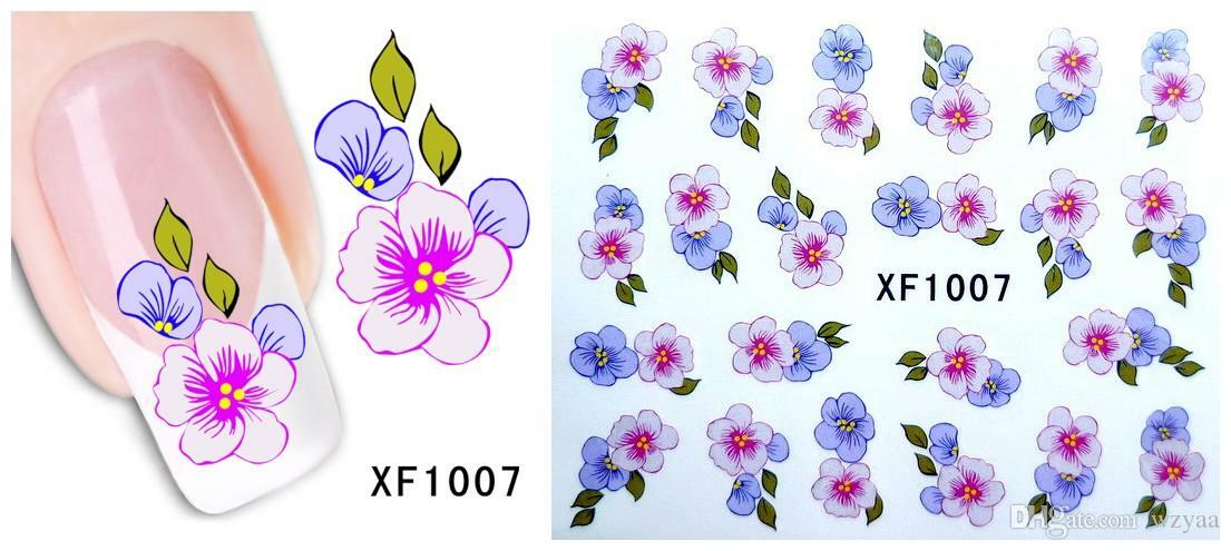 Nail Art Water Transfer Sticker Decal Stickers Pretty Flowers Pink Purple XF1007