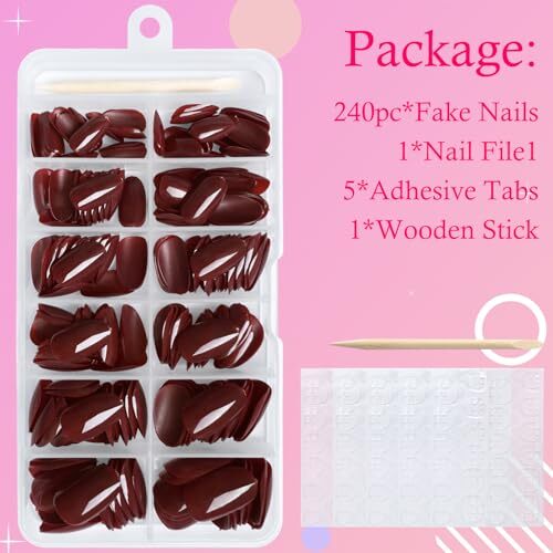 Oval Press on Nails Short Fake Nails, 240pcs Nails Press on Almond Burgundy