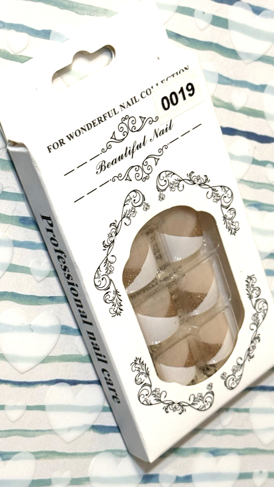 For Wonderful Nail Collection NUDE with WHITE and GOLD FRENCH Fake Toe Nails NIB