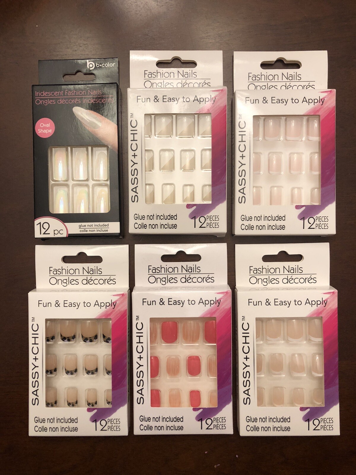 6 SETS PRESS ON NAILS Neutral French Leopard Natural Gold Coral Pink Iridescent