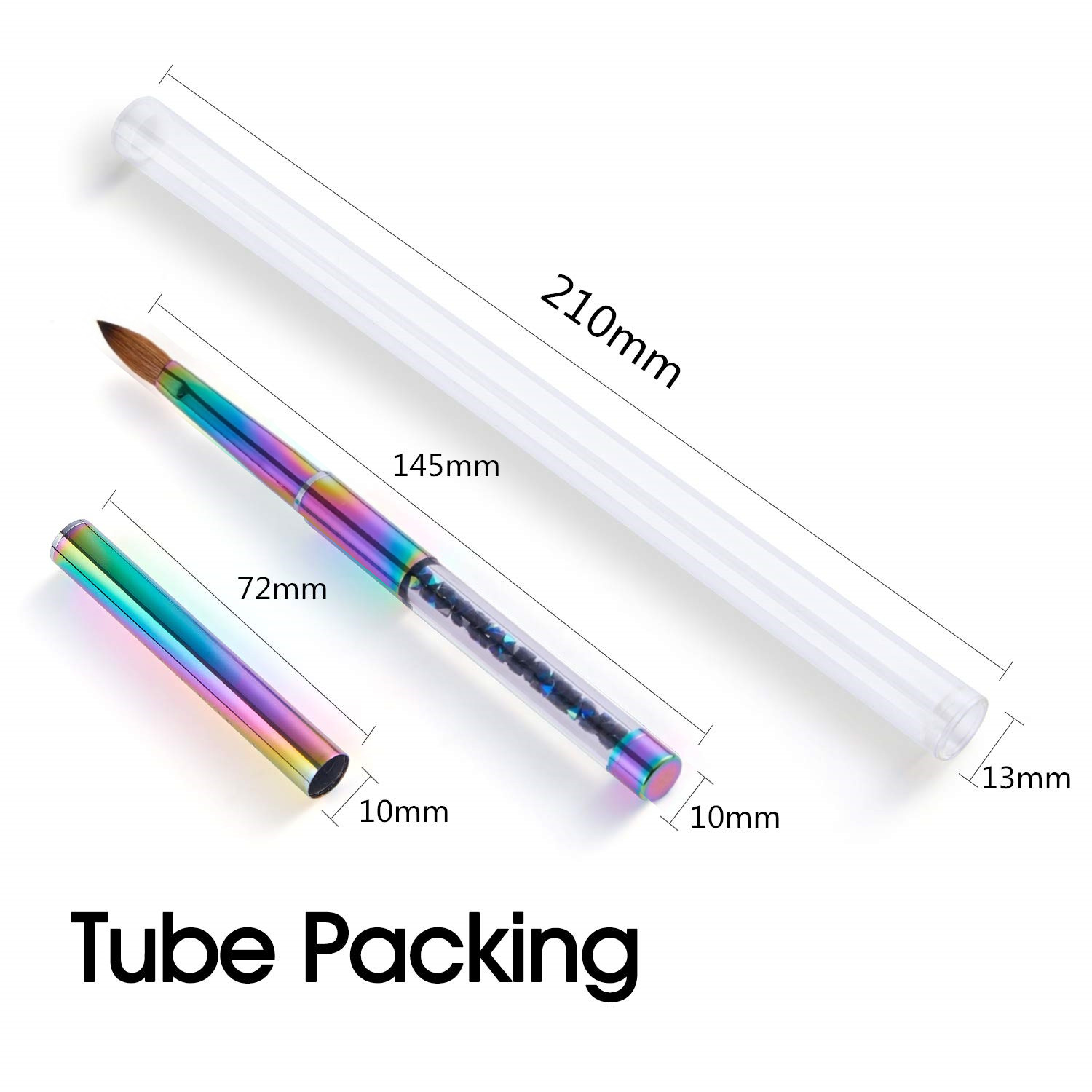 100% Kolinsky Acrylic Nail Brush With Cap Rainbow Crystal Handle 6-14 (CRIMPED)