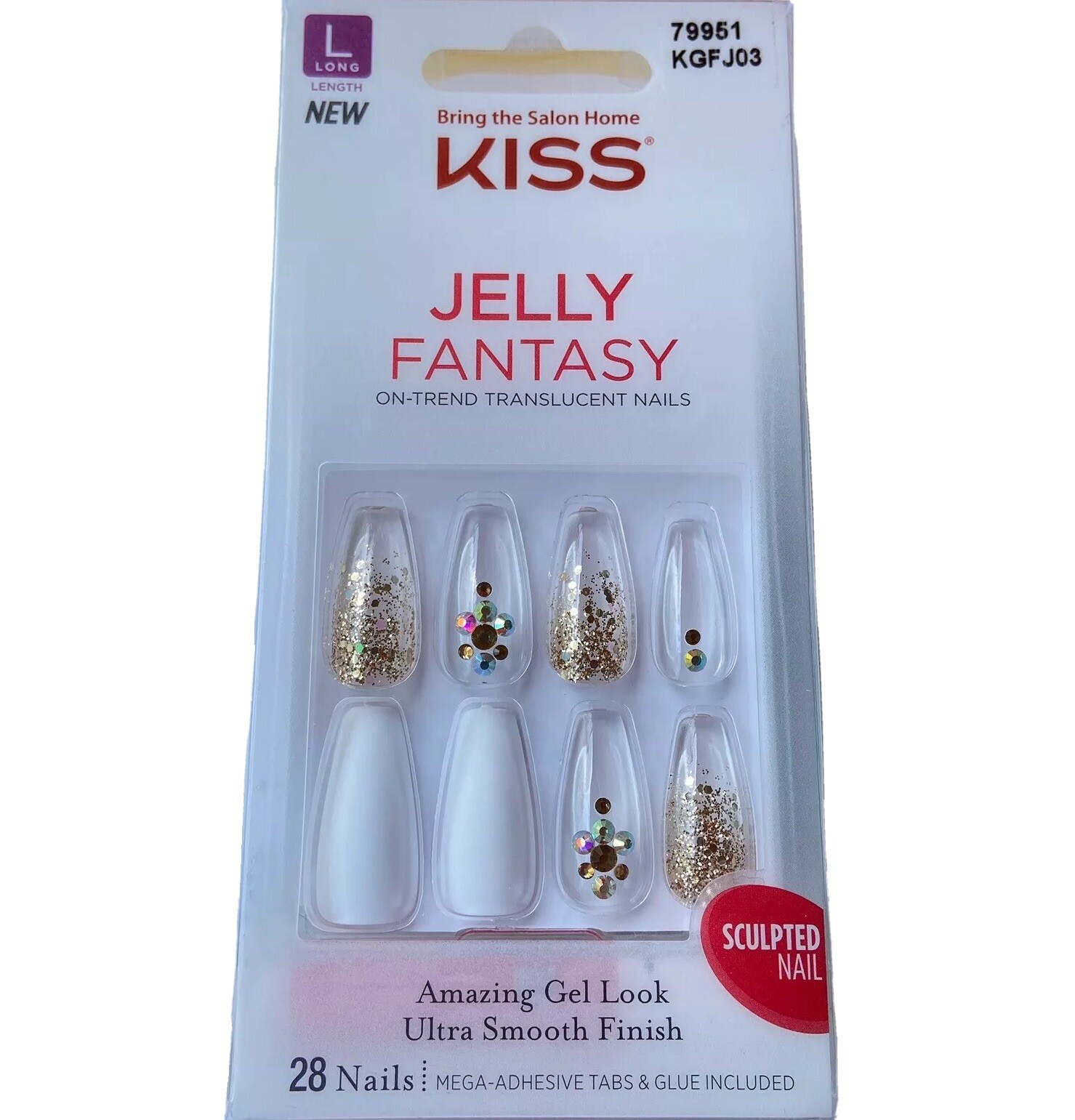 NEW Kiss Nails Jelly Fantasy Press or Glue Manicure Long Coffin White Clear Gold