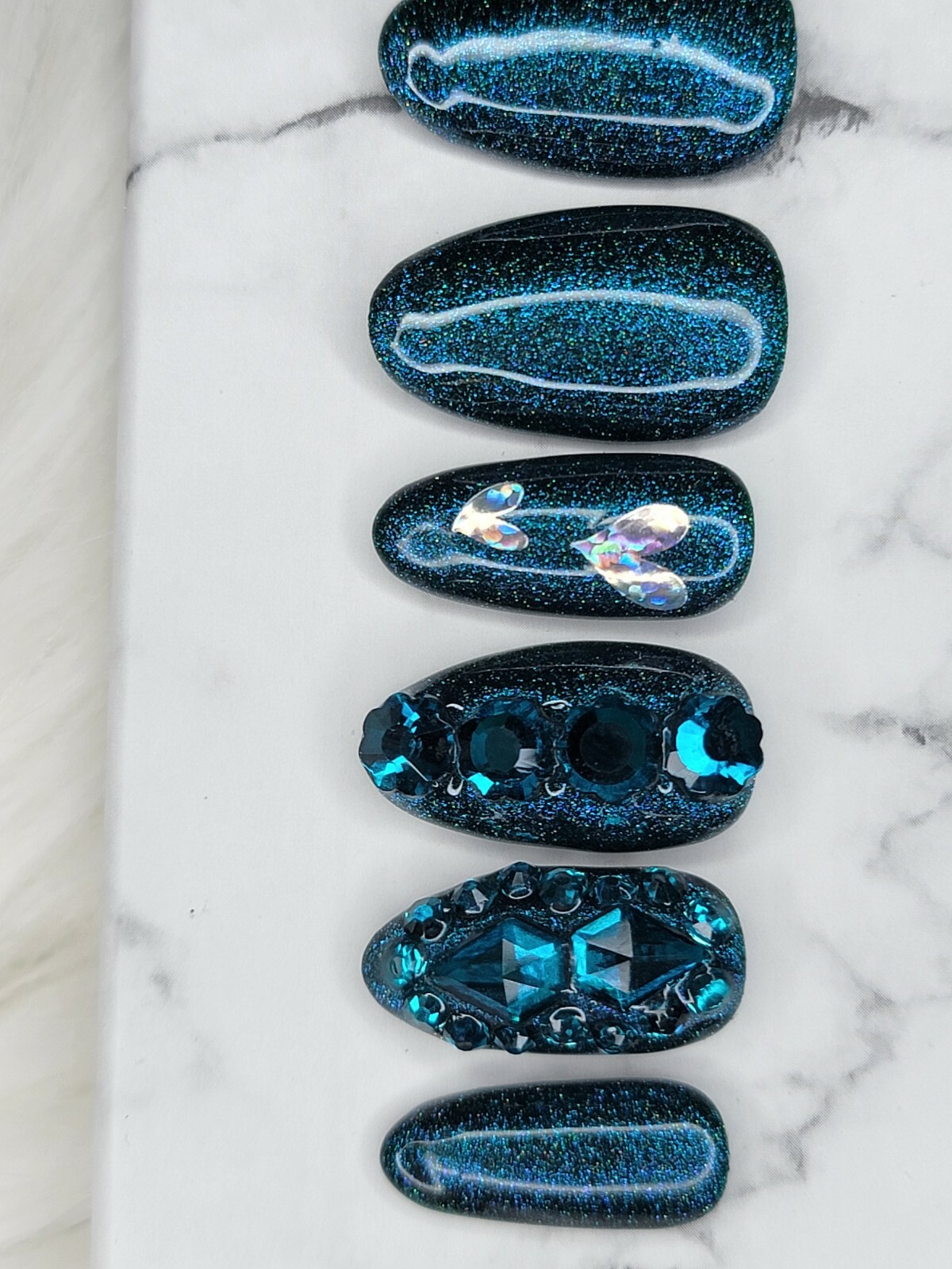 Dark green teal nails bling medium natural oval press on nails apres tips hearts