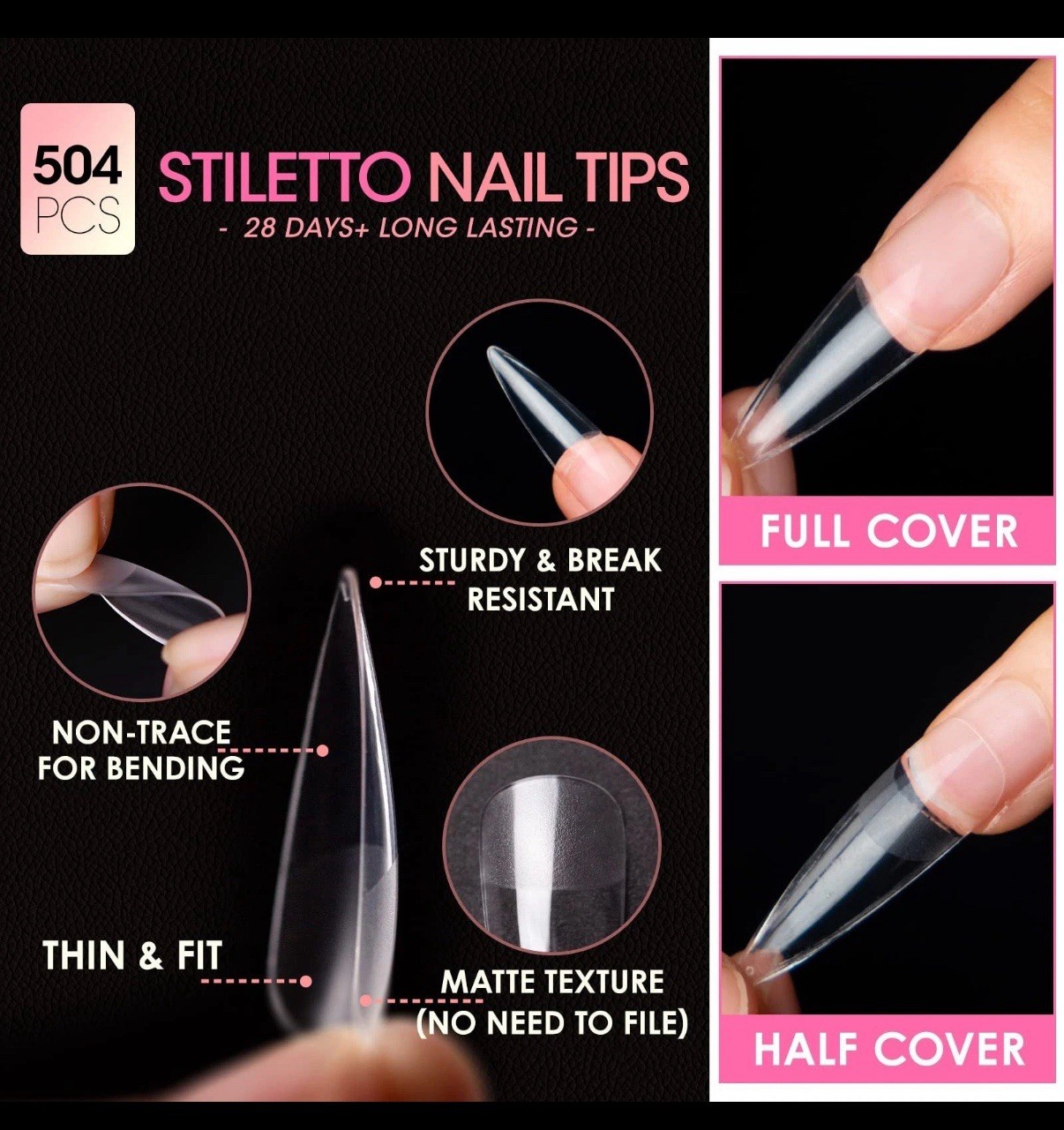Gellen Stiletto Fake Nails 504Pcs Nail Tips, Acrylic Nail Kit 12 Sizes New Read