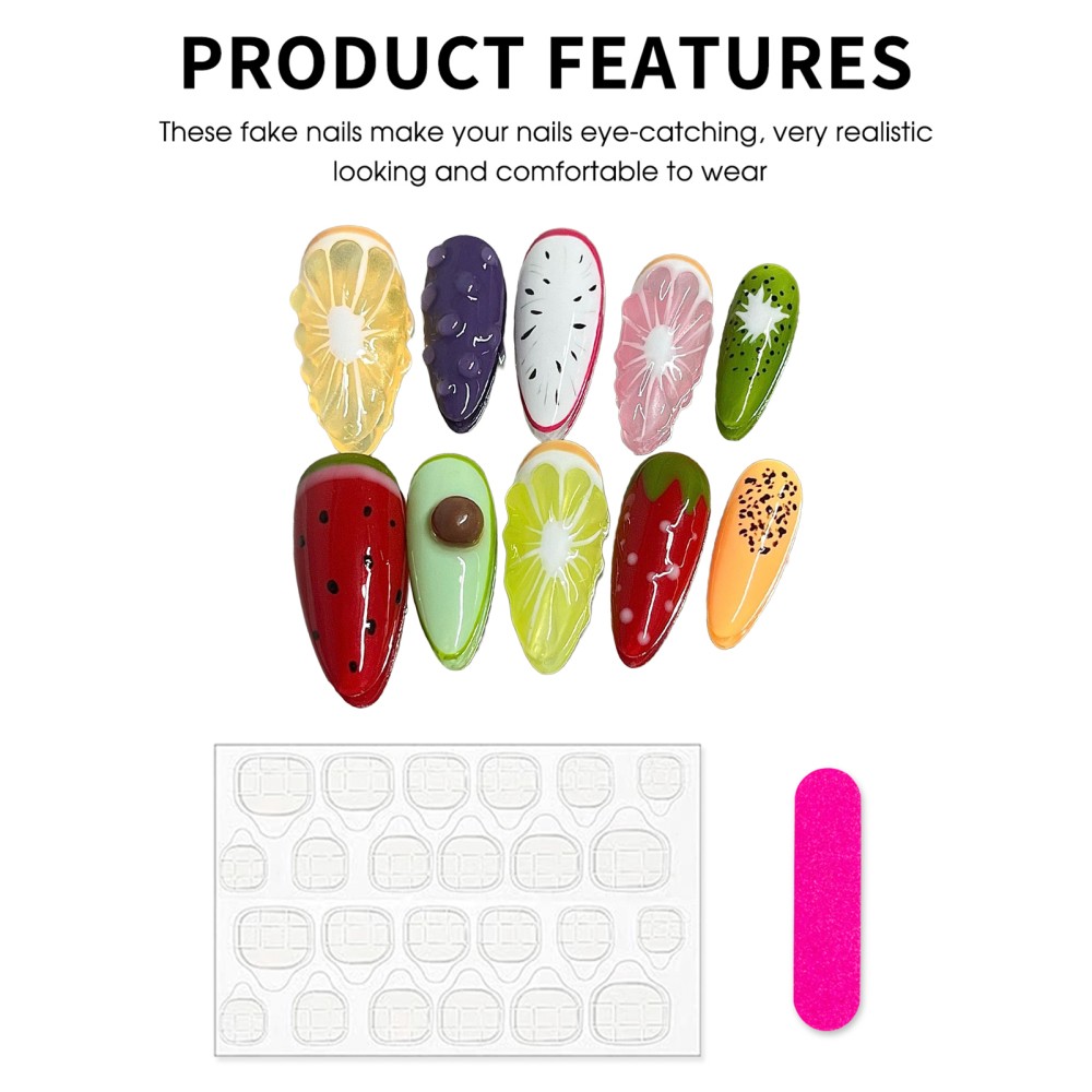 Summer Fruit Inspired Press On Nails with 3D Lemon Pattern Removable Nail Art