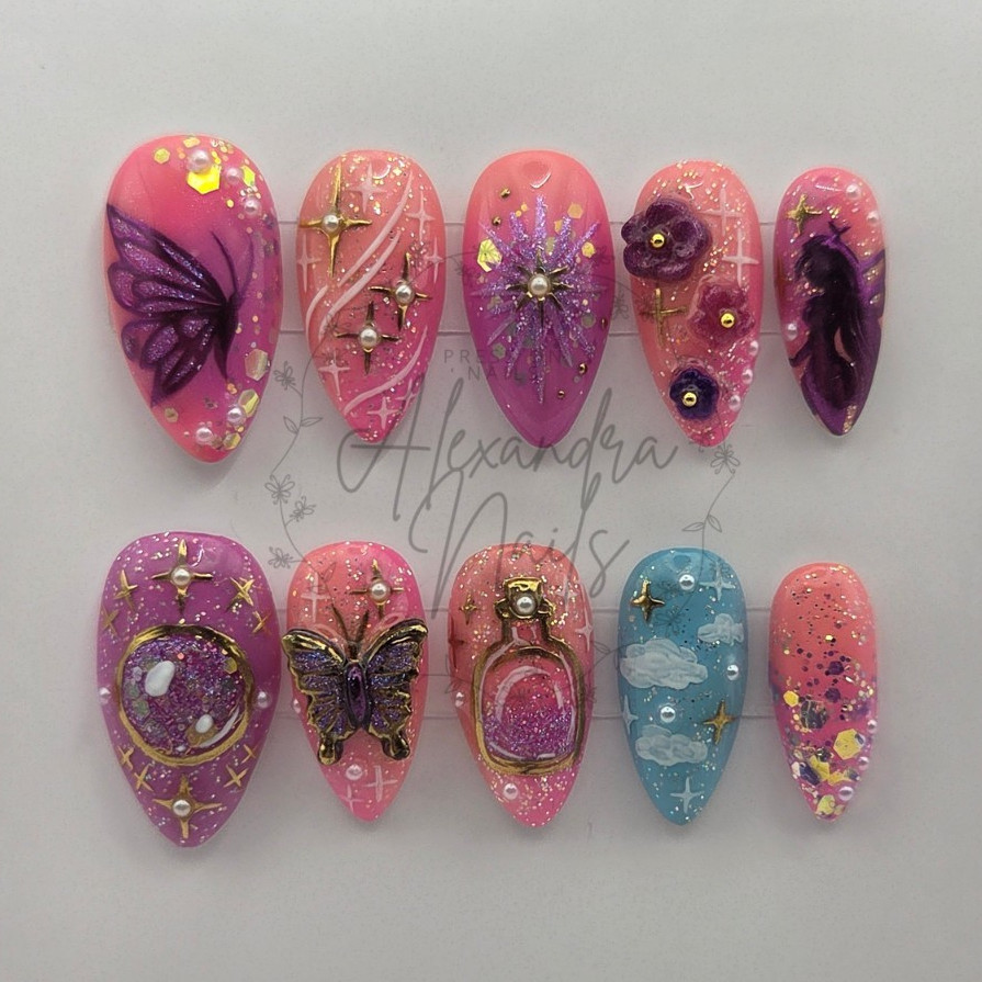 Fairy Cartoon Inspired Press On Nails Y2K Handmade Almond Nail Set Reusable