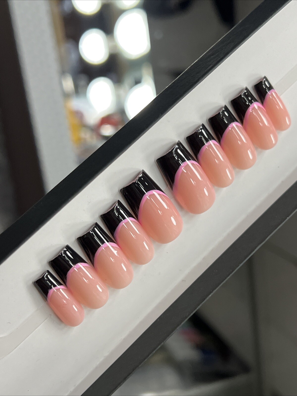 🩷🖤 CUSTOM Press On Nails FRENCH BLACK PINK BLING 10p SET W Kit