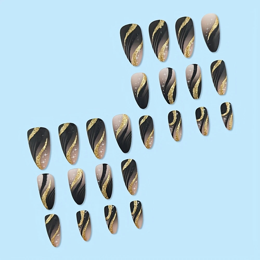 24pcs Medium Almond Shape Nails French Stripes Black Gradient Matte Texture