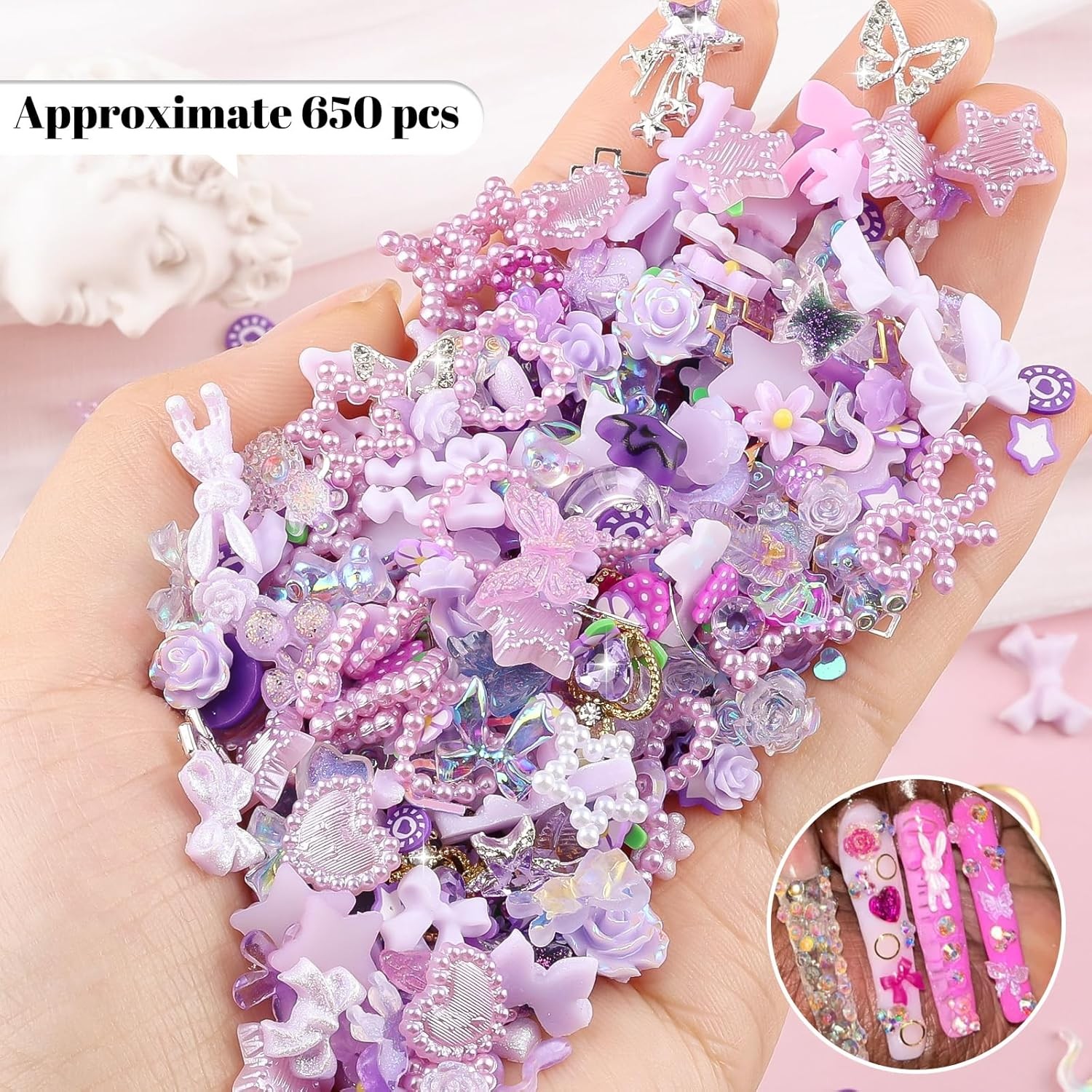 Multi Shapes Acrylic Nail Charms for 3D Nail Art, Purple Heart Flower Bow Star B