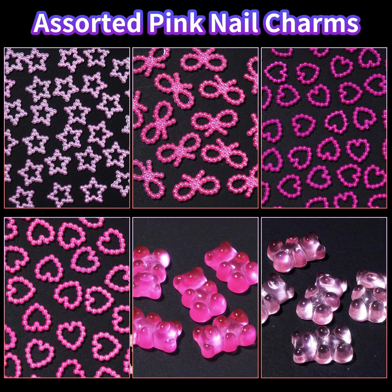 3D Pink Color Assorted Pearls Gems Nail Charms Heart Butterfly Bow Bear Nail …
