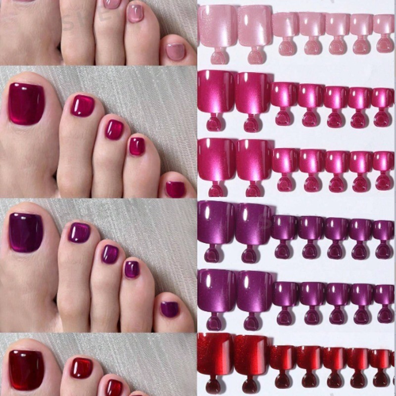 96Pcs-Short Square Glossy Burgundy Purple Solid Color Toe Press on Nails