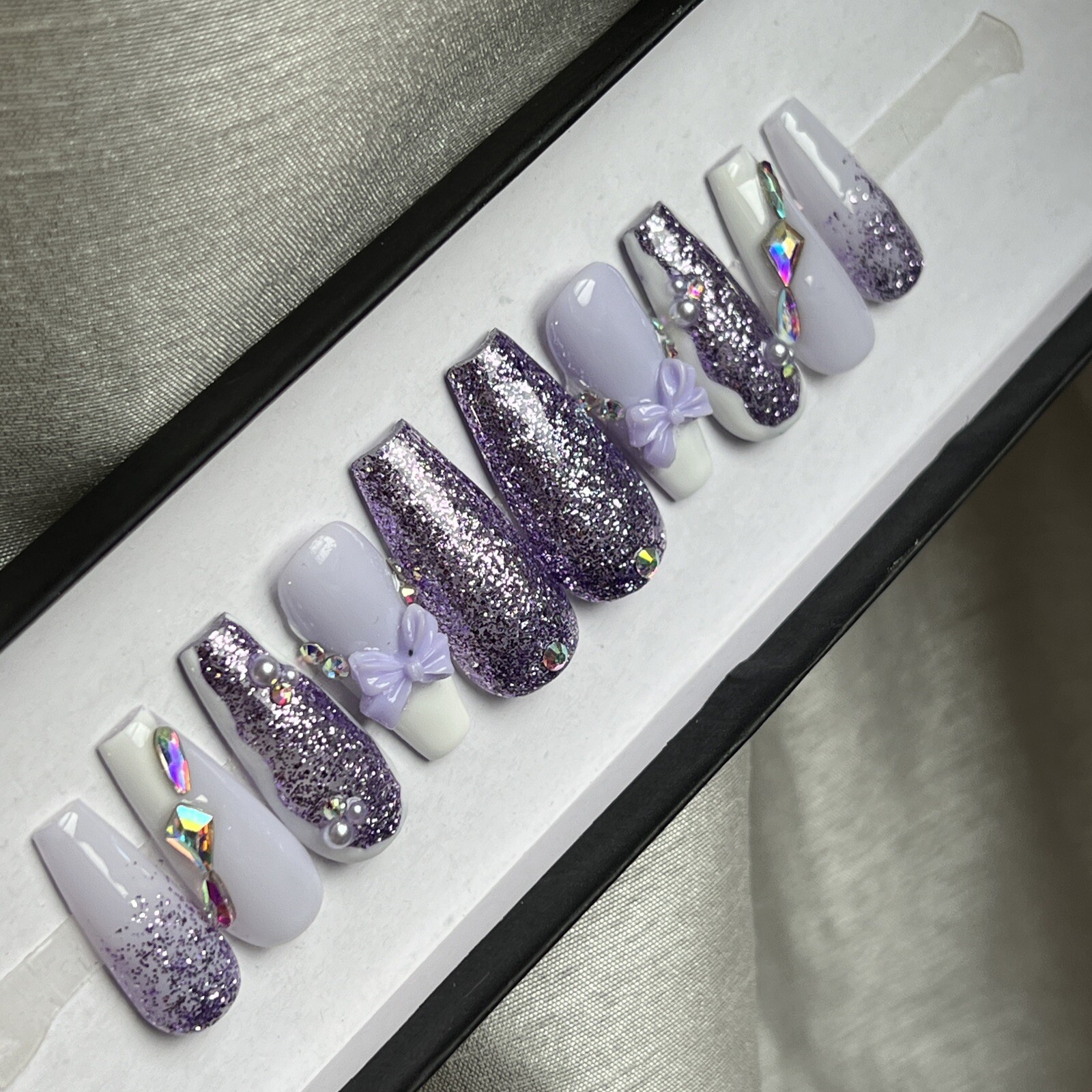 🤍 CUSTOM Hard Gel Press On Nails, Purple BLING 10p Set MED COFFIN NEW Kit