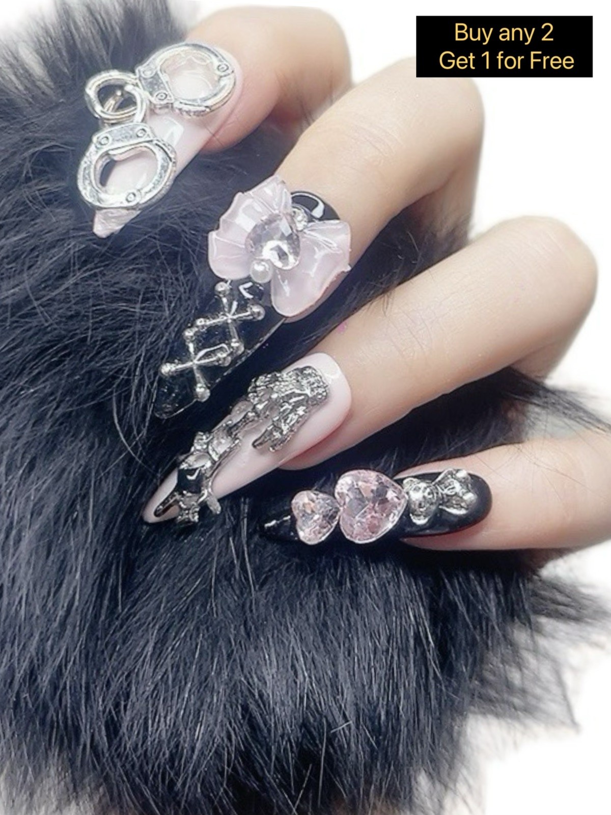 Press on Nails Long Stiletto Black and Pink Color Gothic Style (088)