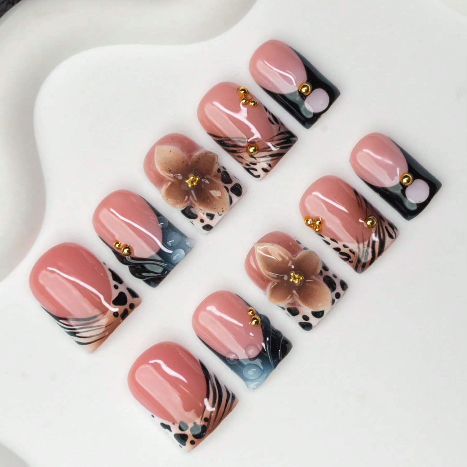 Handmade Press on Nails Short Square Nude Black Leopard Print French Tip Fake…