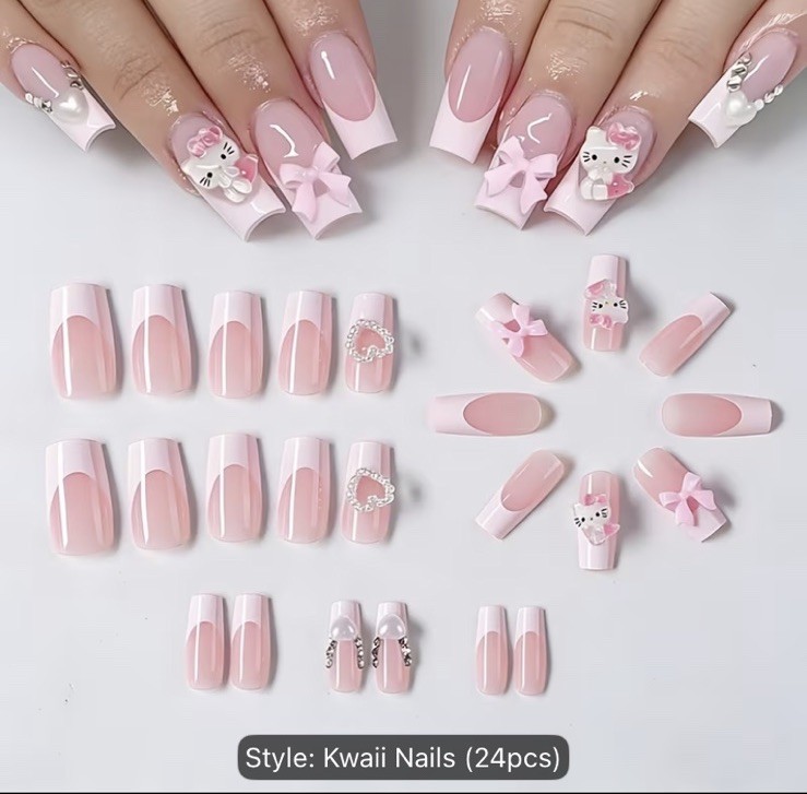 24pcs Pink White French Tip Press on Nails- Sanrio Hello Kitty,heart, Pearls